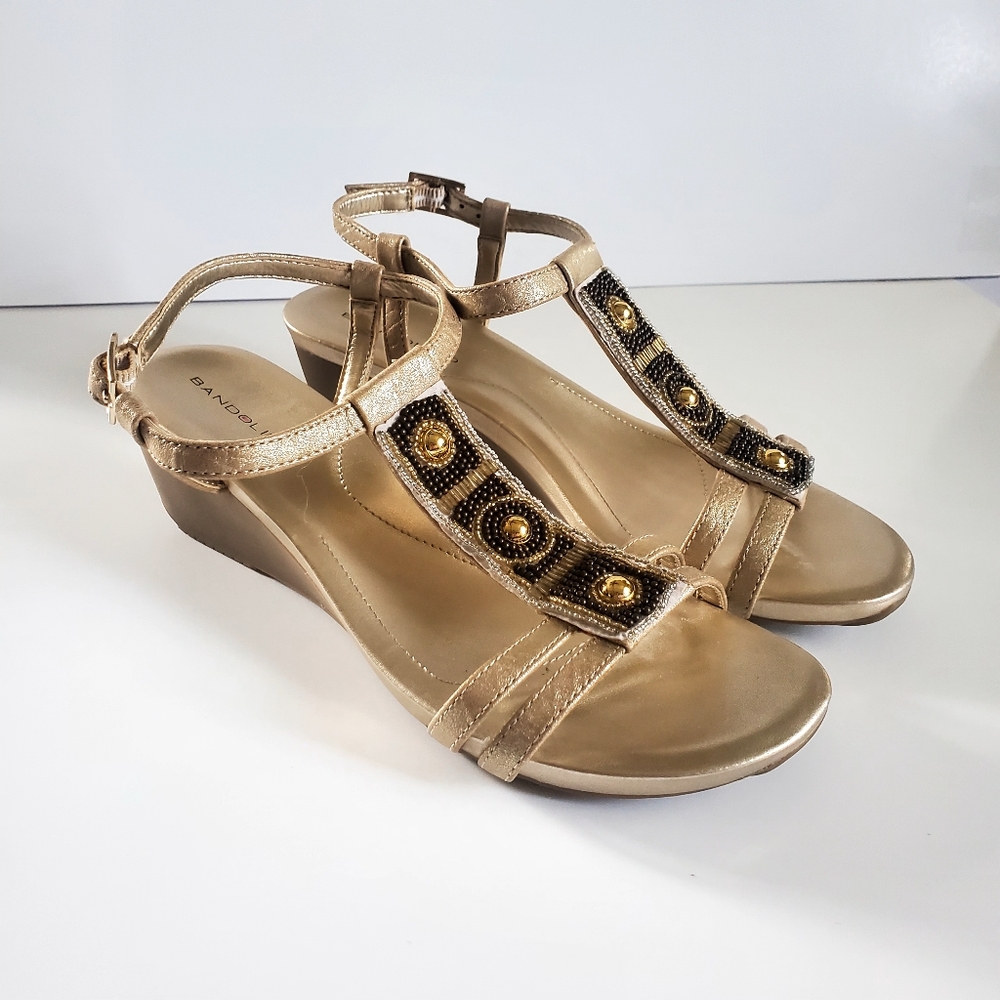 Bandolino Gold T-Strap Sandals with Low Wedge Size 8